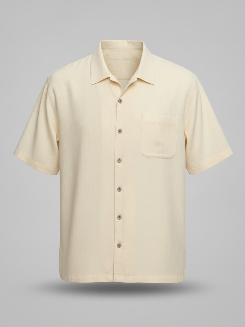 Tommy Bahama 100% Silk Shirt Men L Yellow Tonal Stripe Short Sleeve Resort
